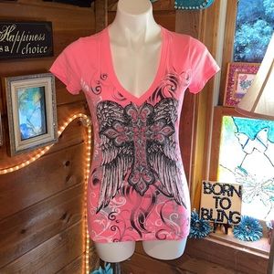 RANSOM Hot pink Bling cross V neck shirt